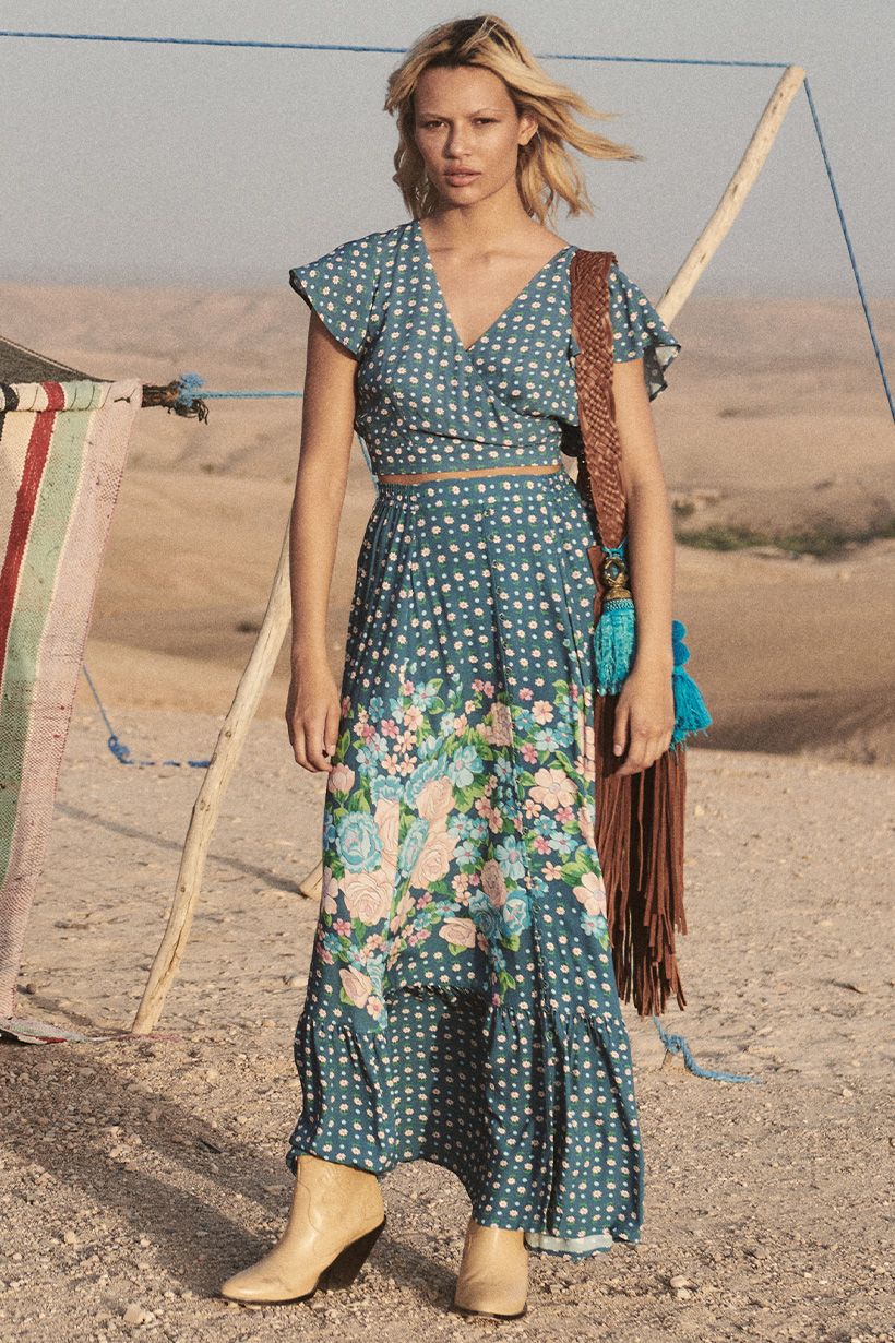 Yellow Rose Maxi Skirt - Cornflower Blue