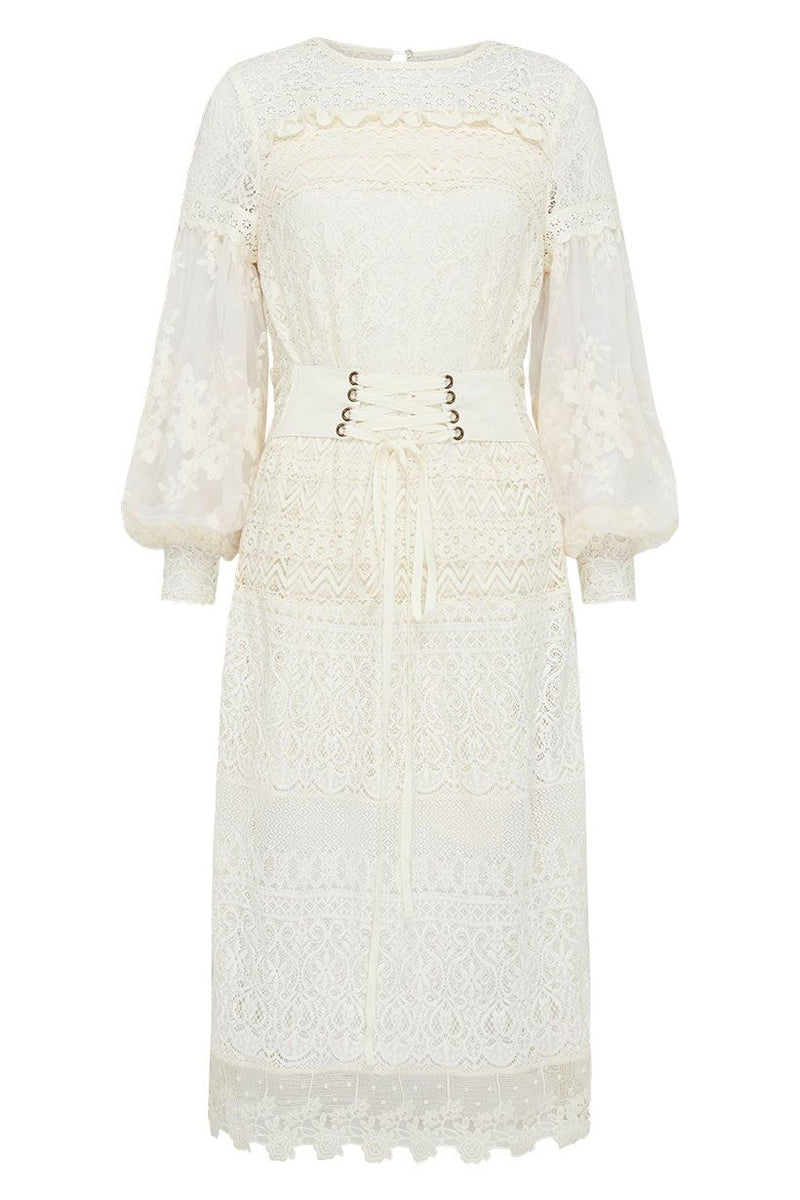 Dawn Lace Belted Midi Dress - Cream (3990310813760)